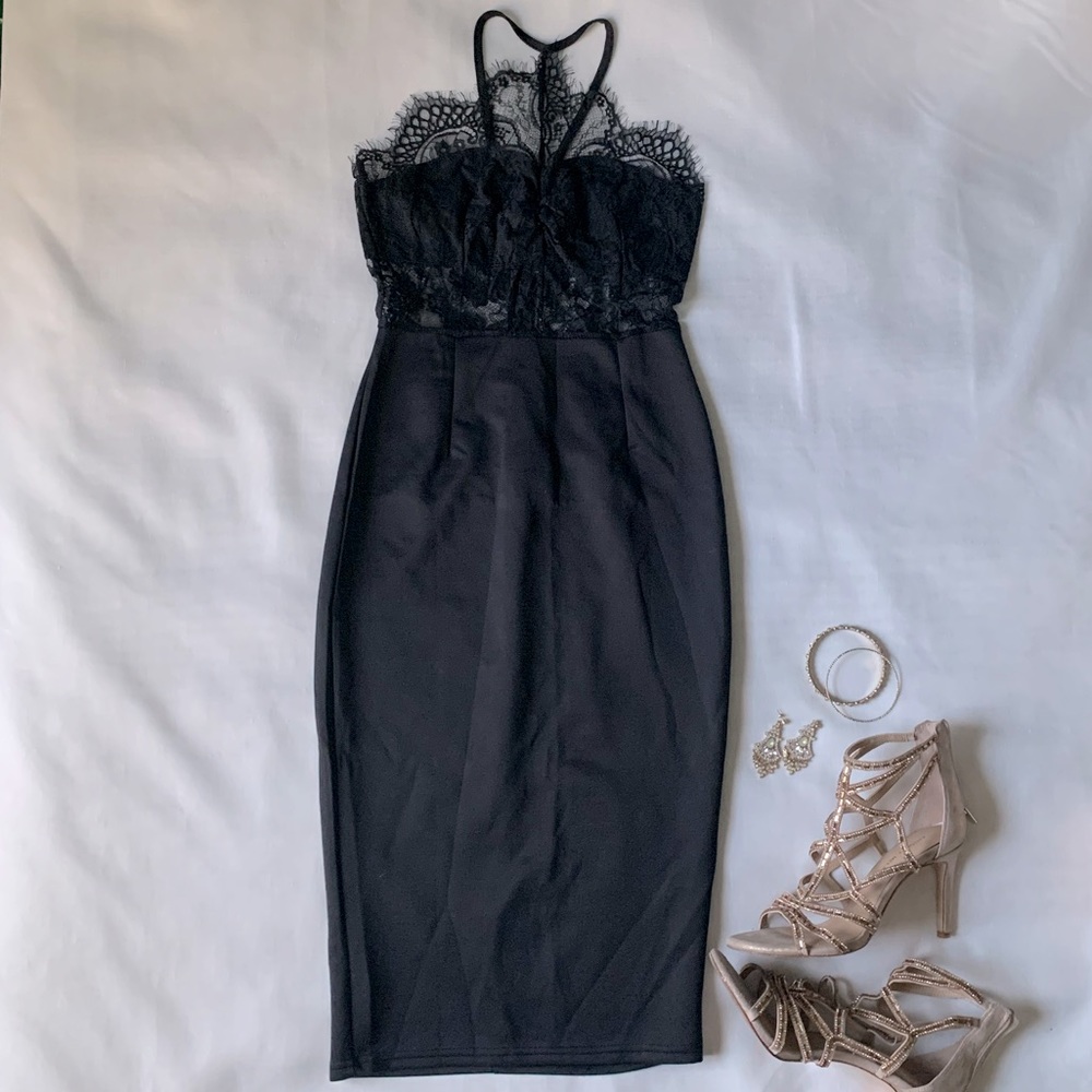 Black Cocktail Pencil Dress With Lace Detailing